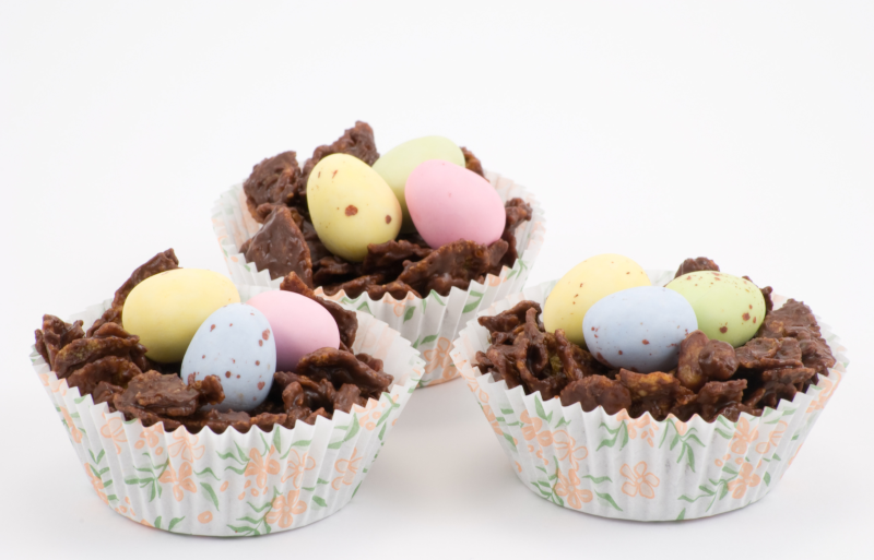 chocolate eggs in a  chocolatenest to practise 3x times tables